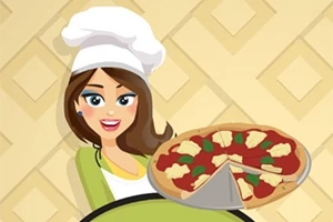 Femeie zâmbitoare în halat și bonetă de bucătar ținând o pizza cu brânză și legume