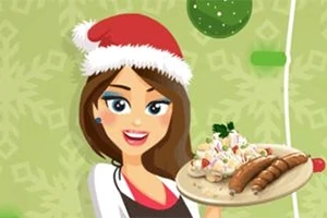 Personaj animat îmbrăcat cu o pălărie de Crăciun, ținând un platou cu mâncare, pe un fundal decorat festiv cu fulgi de zăpadă și globuri
