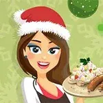 Personaj animat îmbrăcat cu o pălărie de Crăciun, ținând un platou cu mâncare, pe un fundal decorat festiv cu fulgi de zăpadă și globuri