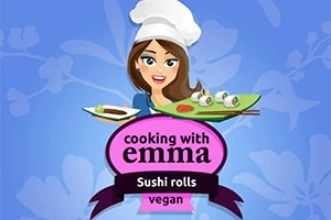 O femeie cu părul castaniu și pălărie de bucătar ține un platou cu sushi, având un fundal albastru cu flori stilizate și text „cooking with emma” și „Sushi rolls vegan”