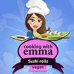 O femeie cu părul castaniu și pălărie de bucătar ține un platou cu sushi, având un fundal albastru cu flori stilizate și text „cooking with emma” și „Sushi rolls vegan”