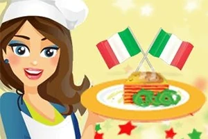 Femeie animată în ținută de bucătar ținând un platou cu paste și două stegulețe italiene pe fundal