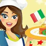 Femeie animată în ținută de bucătar ținând un platou cu paste și două stegulețe italiene pe fundal