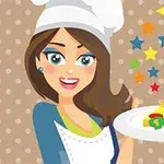 Imaginea prezintă o femeie bucătar, zâmbitoare, cu o pălărie albă de bucătar, ținând un platou cu o felie de tartă, pe un fundal cu stele colorate