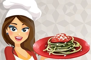 O femeie ilustrată, purtând o bonetă de bucătar, ține o farfurie roșie cu spaghetti și un sos roșu în formă de inimă