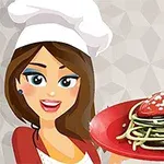O femeie ilustrată, purtând o bonetă de bucătar, ține o farfurie roșie cu spaghetti și un sos roșu în formă de inimă