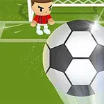 Personaj stilizat în fața unei porți de fotbal cu o minge mare în prim-plan