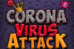 Text colorat și stilizat cu cuvintele CORONA VIRUS ATTACK pe un fundal mov cu coroane și viruși desenati, unul dintre viruși având o coroană