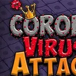 Text colorat și stilizat cu cuvintele CORONA VIRUS ATTACK pe un fundal mov cu coroane și viruși desenati, unul dintre viruși având o coroană
