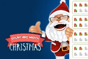 Moș Crăciun zâmbitor și făcând cu ochiul, însoțit de textul Count and Match Christmas pe fundal albastru