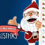 Moș Crăciun zâmbitor și făcând cu ochiul, însoțit de textul Count and Match Christmas pe fundal albastru