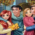 Patru personaje animate se îmbrățișează într-un parc de toamnă, cu clădiri înalte în fundal