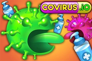 Un virus verde desenat stilizat cu brațe asemănătoare tentaculelor și o limbă verde, înconjurat de sticle albastre de săpun lichid, având în fundal un alt virus roz