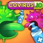 Un virus verde desenat stilizat cu brațe asemănătoare tentaculelor și o limbă verde, înconjurat de sticle albastre de săpun lichid, având în fundal un alt virus roz