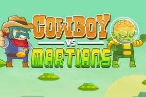 Un cowboy cu o bandană roșie și un extraterestru verde cu cască de protecție stau față în față, însoțiți de textul Cowboy vs Martians pe un fundal verde deschis cu farfurii zburătoare mici