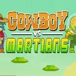 Un cowboy cu o bandană roșie și un extraterestru verde cu cască de protecție stau față în față, însoțiți de textul Cowboy vs Martians pe un fundal verde deschis cu farfurii zburătoare mici