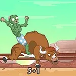 Un zombi cu pantaloni albaștri cu buline este aruncat de pe un taur furios într-un decor de deșert
