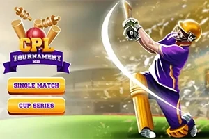 Un jucător de cricket îmbrăcat în echipament violet lovește o minge, lângă un logo cu trofee și butoane de meniu în stânga