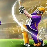 Un jucător de cricket îmbrăcat în echipament violet lovește o minge, lângă un logo cu trofee și butoane de meniu în stânga
