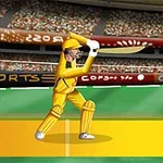 Un jucător de cricket în echipament galben lovește mingea pe un teren de joc, cu spectatori în fundal