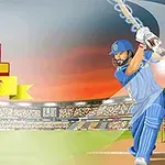 Jucător de cricket îmbrăcat în albastru lovește o minge pe un stadion luminat, cu un logo și un buton de redare în stânga