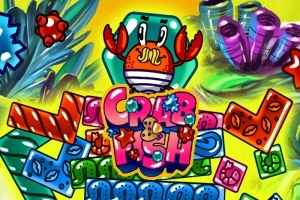 Un crab desenat în culori vii, înconjurat de forme colorate și vegetație marină, pe un fundal galben strălucitor