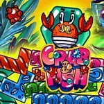 Un crab desenat în culori vii, înconjurat de forme colorate și vegetație marină, pe un fundal galben strălucitor