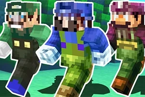 Trei personaje stilizate pixeli cu șepci colorate, alergând pe un fundal verde