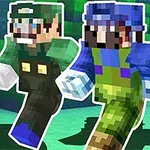 Trei personaje stilizate pixeli cu șepci colorate, alergând pe un fundal verde