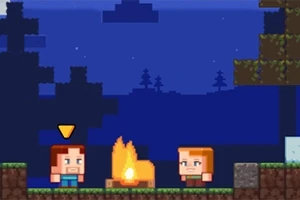 Două personaje pixelate stau lângă un foc de tabără pe timp de noapte, într-un peisaj cu copaci stilizați