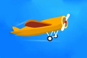 Avion biplan galben stilizat pe un fundal albastru
