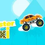 Un taxi monstru galben cu roți mari sare în aer pe un fundal albastru deschis, cu textul „Crayz Monster Taxi” alături