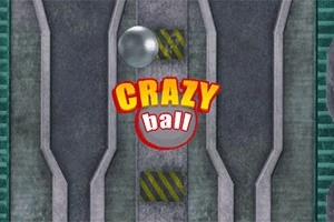 Fundal industrial gri cu textul „Crazy Ball” în culori galbene și roșii, și o bilă metalică în partea de sus