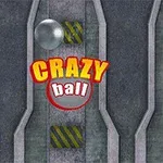 Fundal industrial gri cu textul „Crazy Ball” în culori galbene și roșii, și o bilă metalică în partea de sus