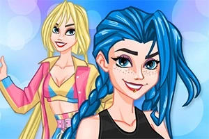 Două personaje animate, una cu păr albastru împletit și cealaltă cu păr blond, pe un fundal albastru cu cercuri luminoase