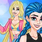 Două personaje animate, una cu păr albastru împletit și cealaltă cu păr blond, pe un fundal albastru cu cercuri luminoase