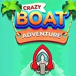 Ilustrație cu o barcă roșie stilizată pe apă, înconjurată de palmieri și text colorat Crazy Boat Adventure