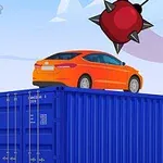 O mașină portocalie este așezată pe un container albastru, cu un obstacol cu țepi plutind deasupra