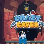 Textul Crazy Caves pe un fundal cu un miner desenat și o peșteră în culori roșu și maro
