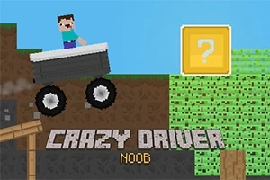 Un personaj pixelat conduce o mașină pe un teren accidentat, cu un bloc galben marcat cu un semn de întrebare în fundal, și textul Crazy Driver Noob dedesubt