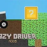 Un personaj pixelat conduce o mașină pe un teren accidentat, cu un bloc galben marcat cu un semn de întrebare în fundal, și textul Crazy Driver Noob dedesubt