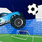 Camion albastru monster truck în aer, aproape de o minge de fotbal pe un teren cu porți și fundal albastru cu puncte
