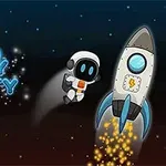 Un robot cu casca spațială și o rachetă pe un fundal stelar