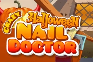 Textul Crazy Halloween Nail Doctor pe un fundal cu un dovleac și ferestre iluminate