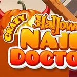 Textul Crazy Halloween Nail Doctor pe un fundal cu un dovleac și ferestre iluminate