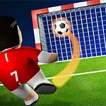 Un personaj animat îmbrăcat în tricou roșu lovește o minge de fotbal spre o poartă cu un fundal albastru