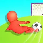 Figurină roșie șutând o minge de fotbal spre o poartă pe un teren verde