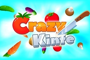 Text colorat cu cuvintele Crazy Knife pe fundal albastru, înconjurat de legume și un cuțit