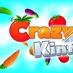 Text colorat cu cuvintele Crazy Knife pe fundal albastru, înconjurat de legume și un cuțit