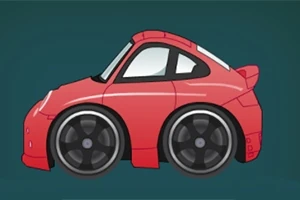 Mașină desenată în stil caricatural, de culoare roșie, pe un fundal albastru